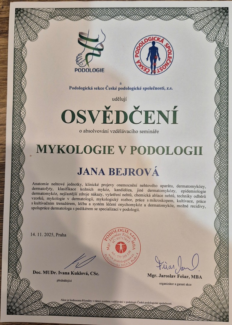 Osvědčení Mykologie v podologii