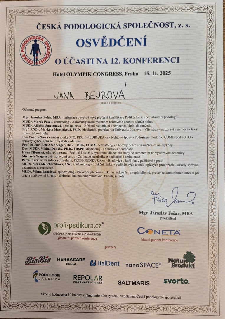 Osvědčení o účasti na 12. konferenci České podologické společnosti