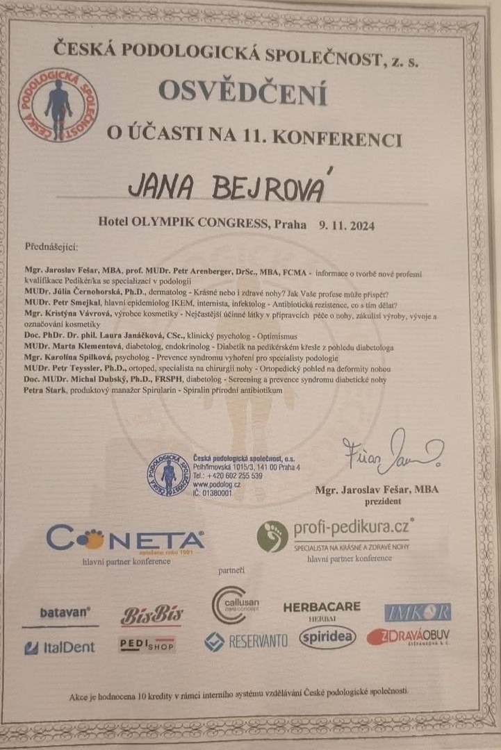 Osvědčení o účasti na 11. konferenci České podologické společnosti