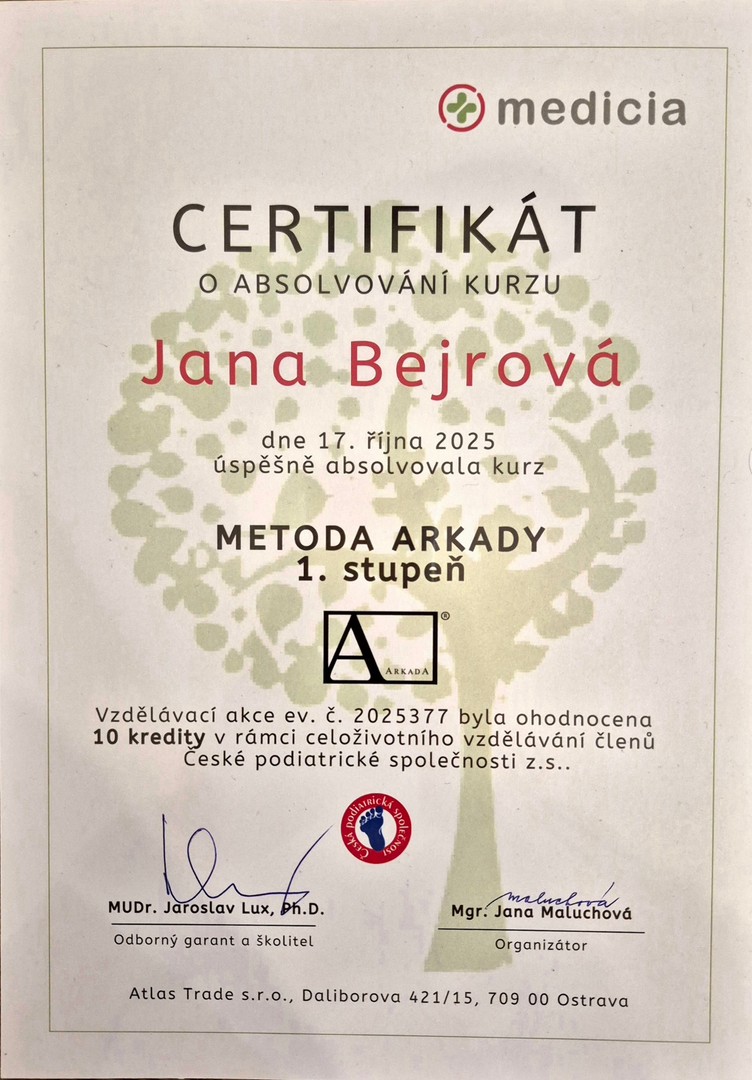 Certifikát Metoda Arkady – 1. stupeň