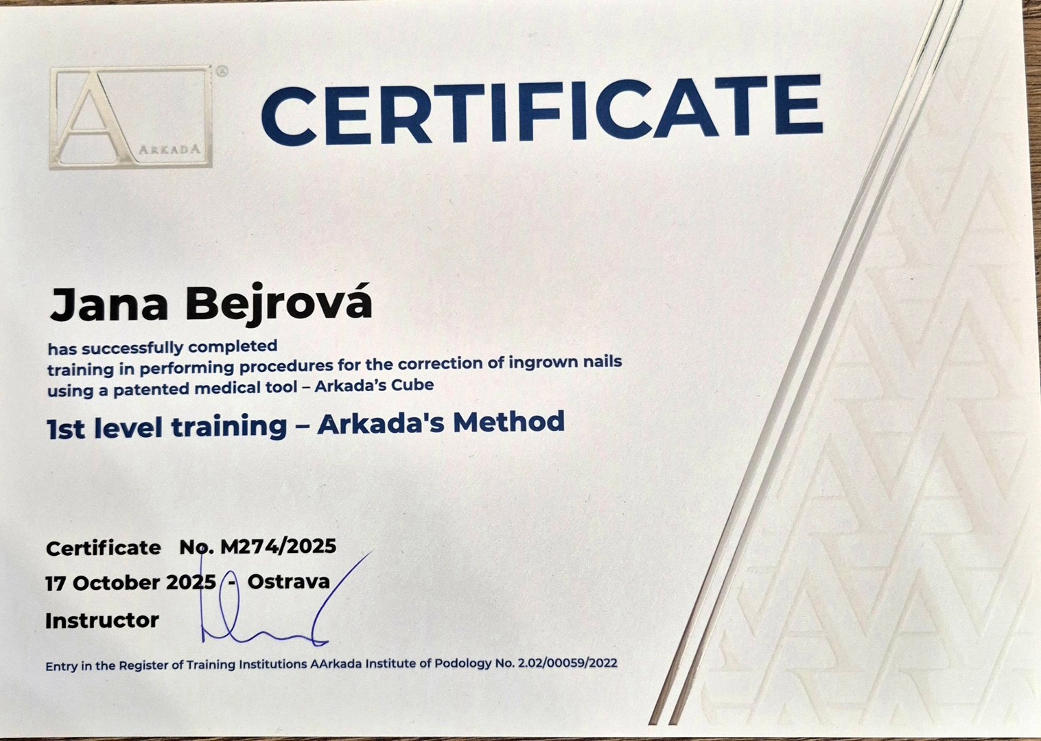 Certificate Arkada’s Method – 1st level