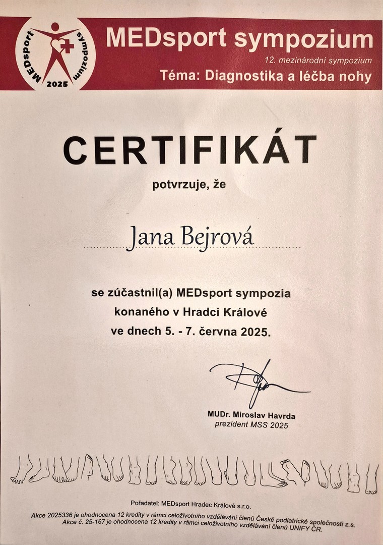 Certifikát MEDsport sympozium – diagnostika a léčba nohy
