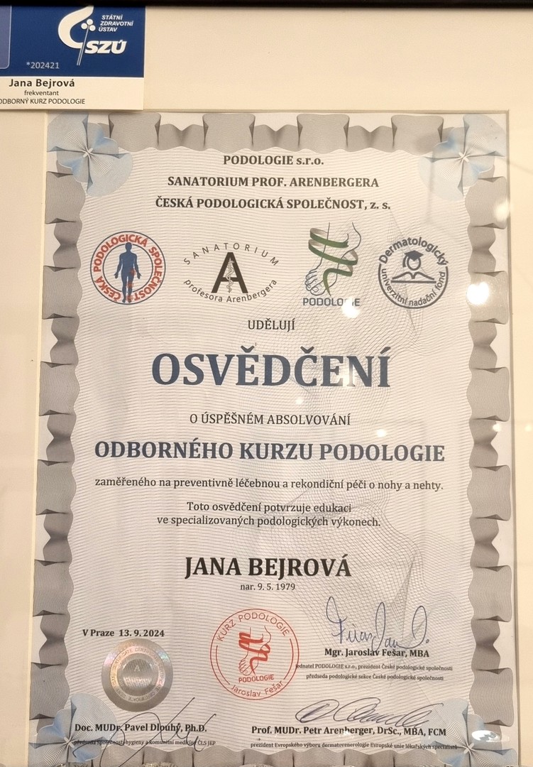 Osvědčení o absolvování odborného kurzu podologie