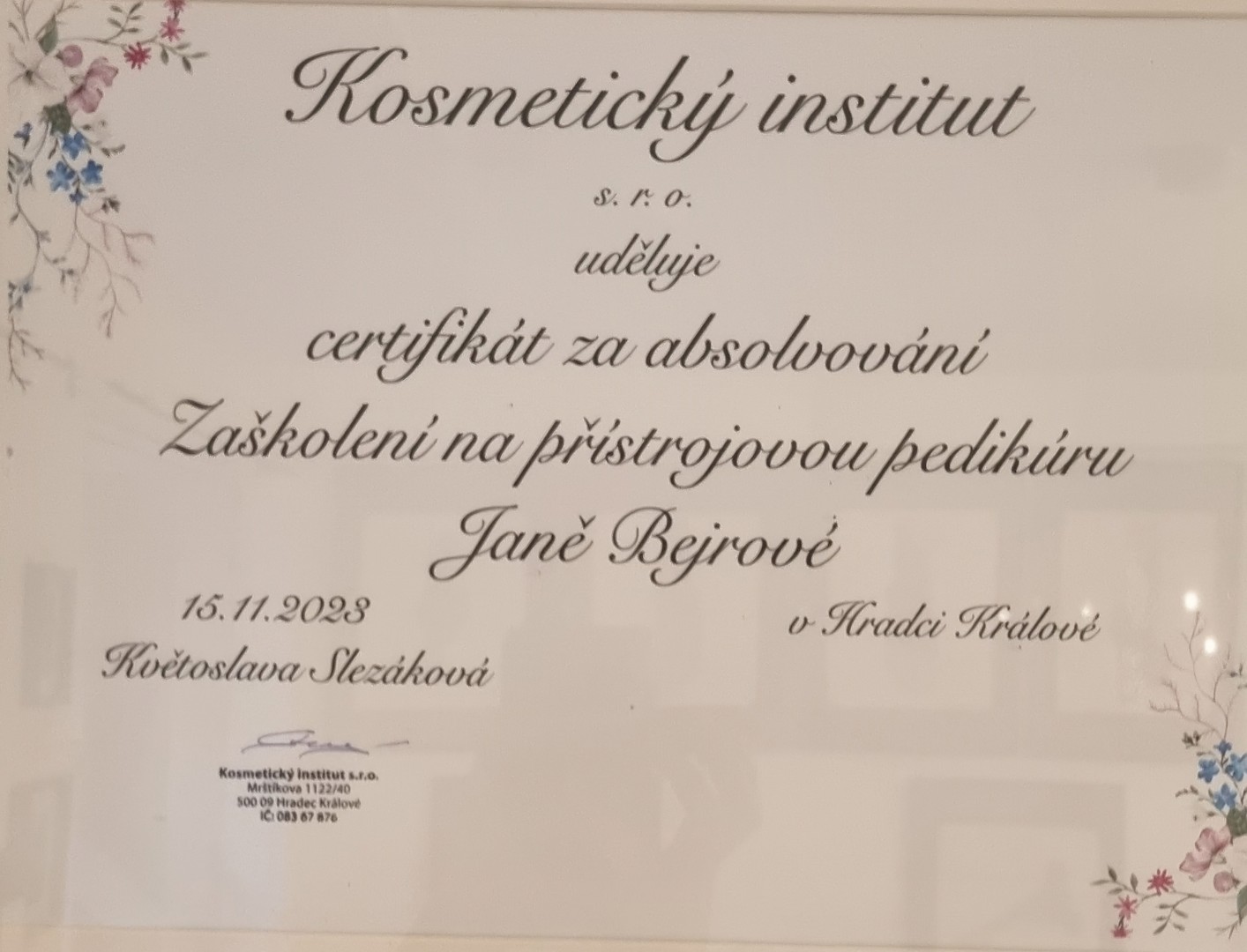 Certifikát zaškolení na přístrojovou pedikúru