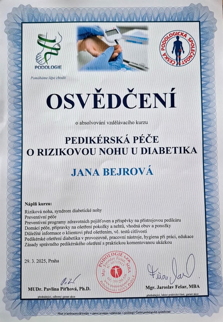 Osvědčení Pedikérská péče o rizikovou nohu u diabetika