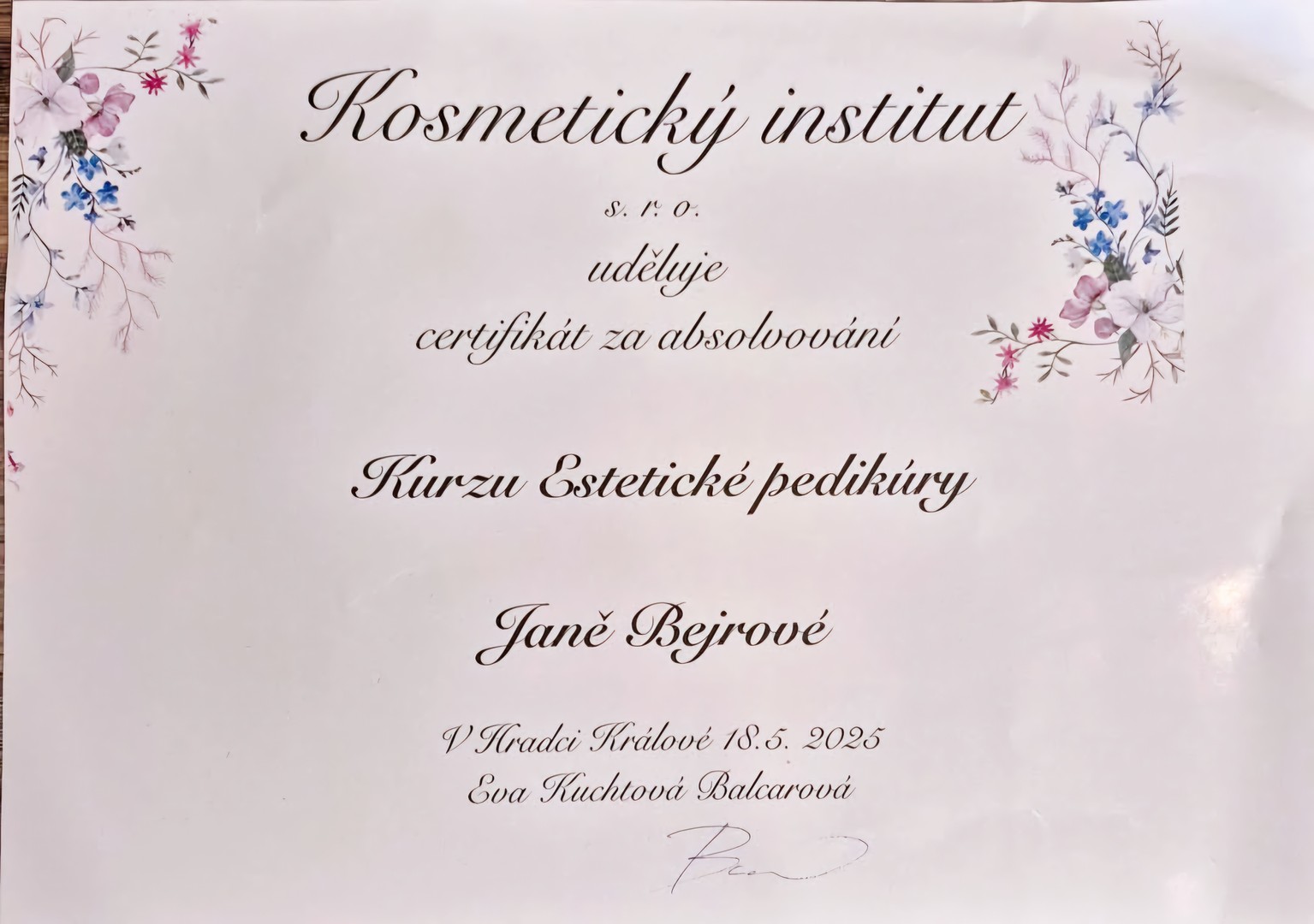 Certifikát Estetická pedikúra